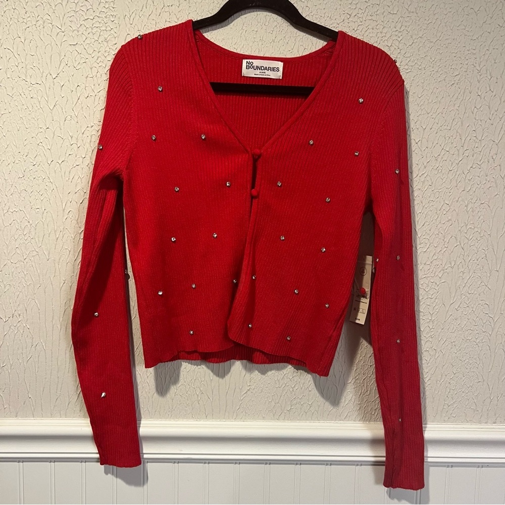 Red Ridded Sweater with Rhinestone Embellishments New size medium - Picture 5 of 14